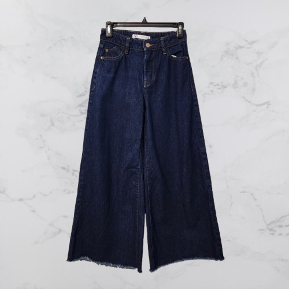 ZARA Wide Leg Jeans Size 0 Dark Wash High Rise Raw Hem Cropped Denim Pants